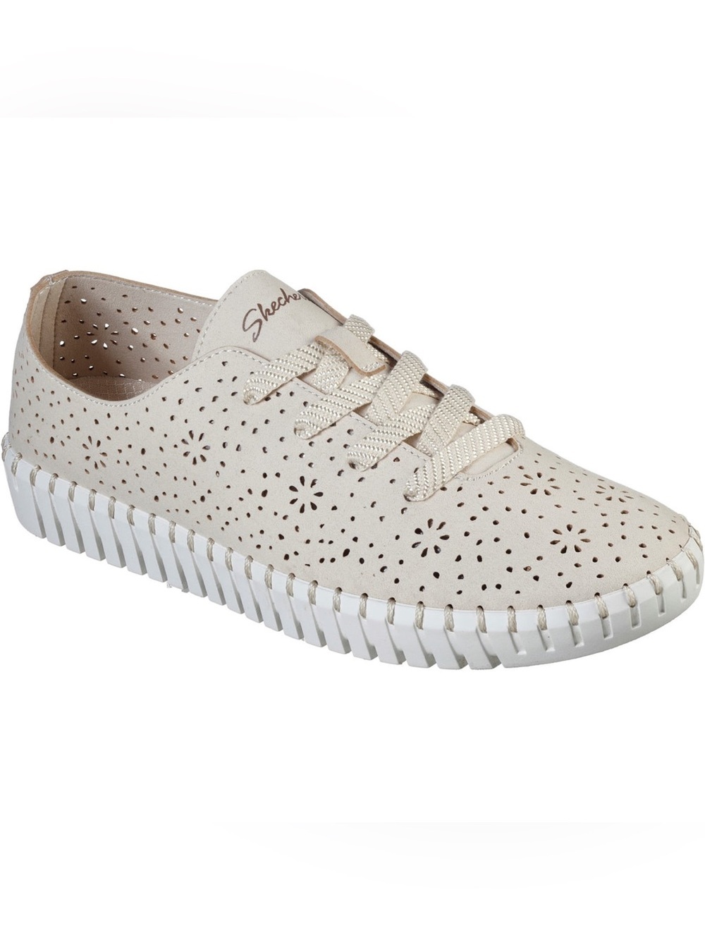 Sketchers Sepulveda Blvd Cream Taupe Floral Perforated Suede Sneakers- 6.5